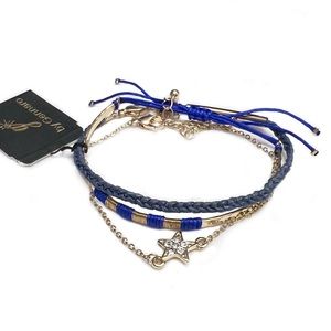 $3 for 20 Triple Bracelet Set Braided Blue String & Goldtone Star Clear Rhine…